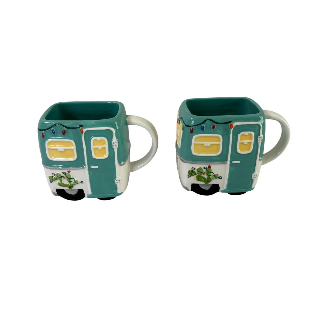 Tag RV Camper Mugs Set of 2 Teal Holiday Christmas Ceramic Cup Decoration Retro